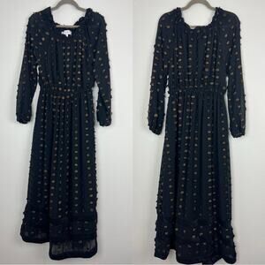 BURU | Swiss Polka Dot Maxi Dress Black Gold On Off Shoulder Modest Cottage S